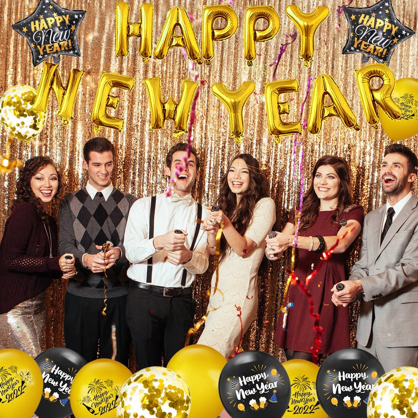 Humairc 2022 Happy New Year Balloon Decoration Black Gold, Gold HAPPY NEW YEAR banner Balloons, Huge Gold 2022 Balloon Star Confetti Balloon for Adult Kids